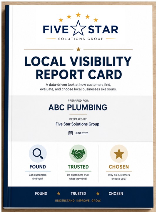 Sample cover of a Five Star Solutions Group Local Visibility Report Card