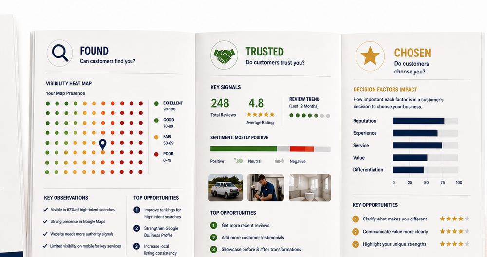 Sample interior pages of a Five Star Solutions Group Local Visibility Report Card, showing Found, Trusted, and Chosen sections